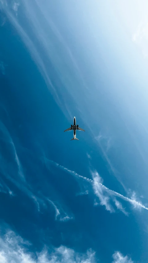 a plane flying in the blue sky with white clouds