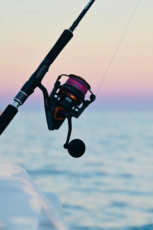 fishing rod and fishing wheel with the ocean in the background