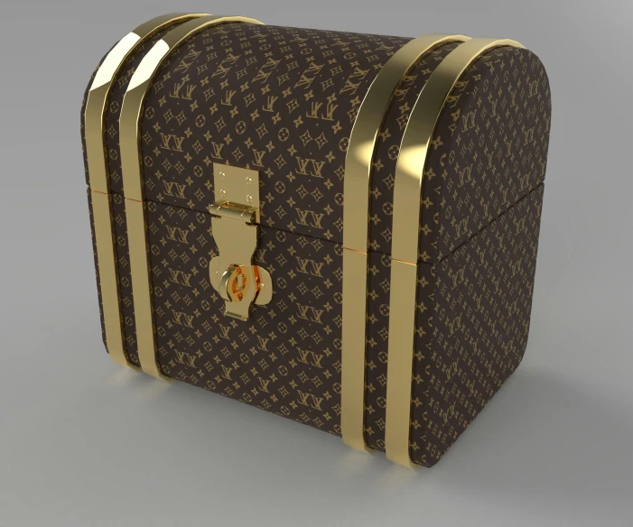 a brown suitcase with golden handles on a grey background