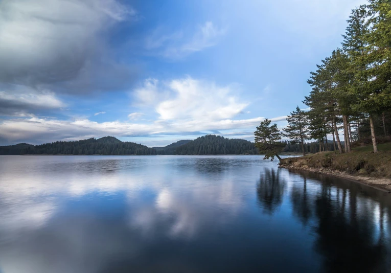 a lake and some trees under a cloudy sky