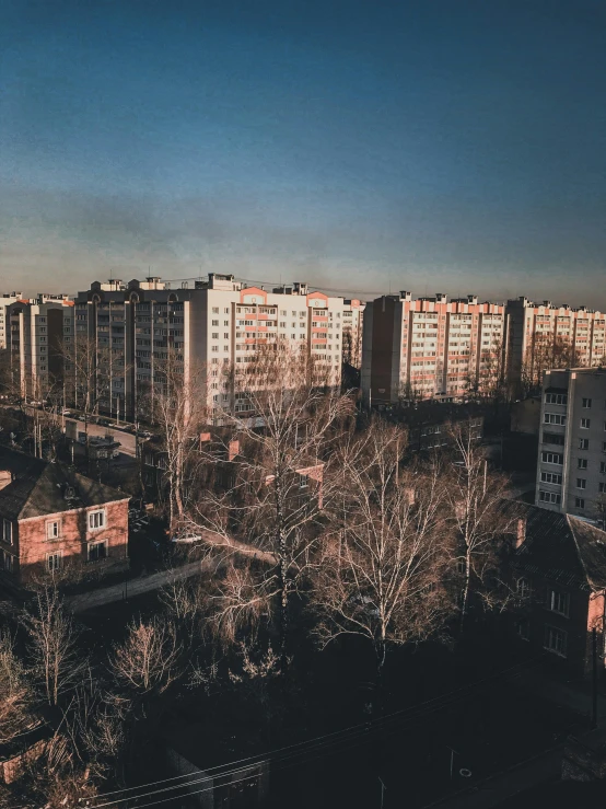 some apartment buildings and a street lined by trees