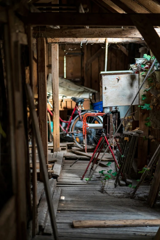 the interior of an old rundown storage shed has been torn apart