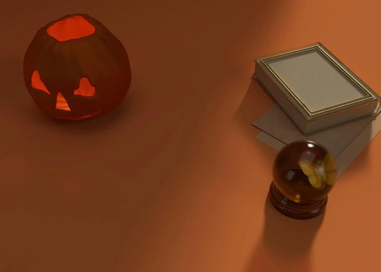 a lighted pumpkin on a table next to a container