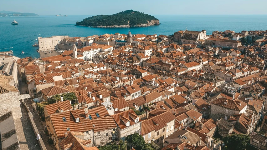 aerial view of roofs in an old walled area