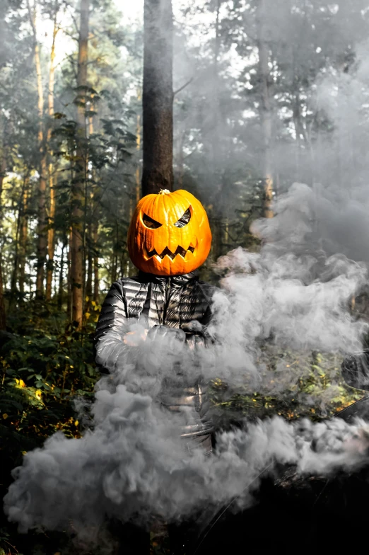 a pumpkin in a field that is surrounded by smoke