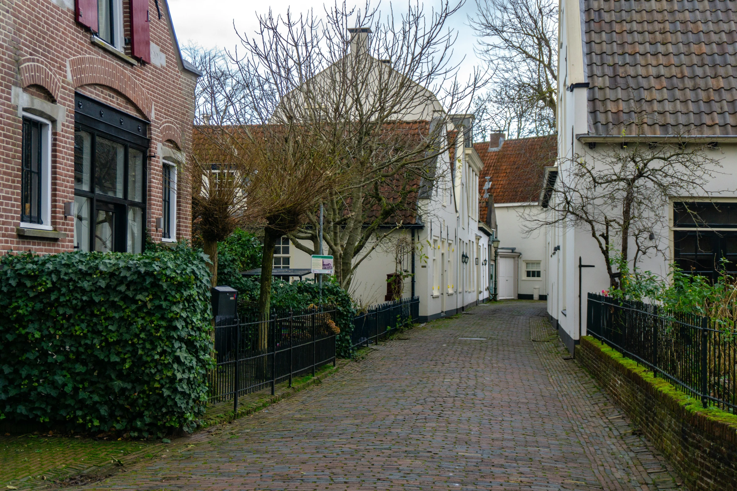the street is lined with brick walkways