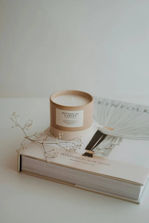 an empty candle sitting on top of a book