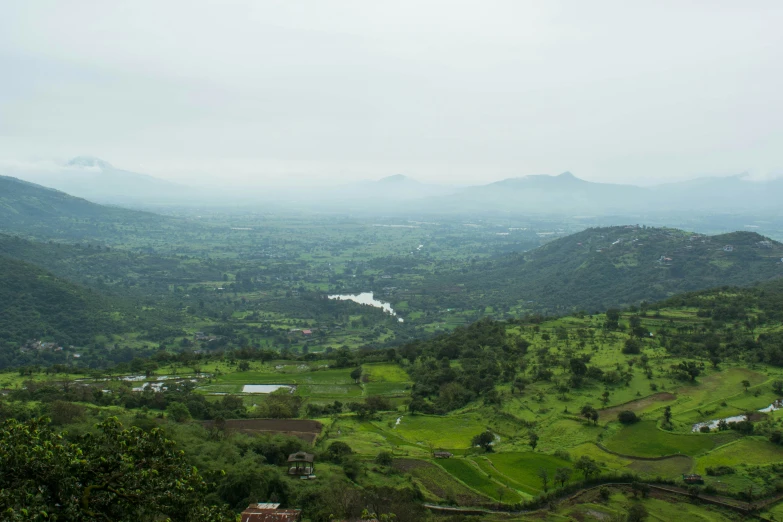 a foggy landscape with hills and green trees