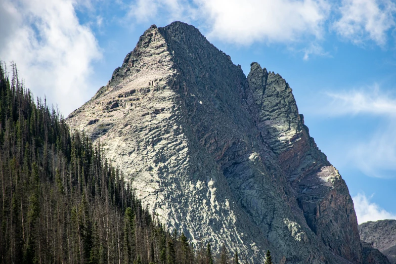 a tall rock tower with many trees next to it