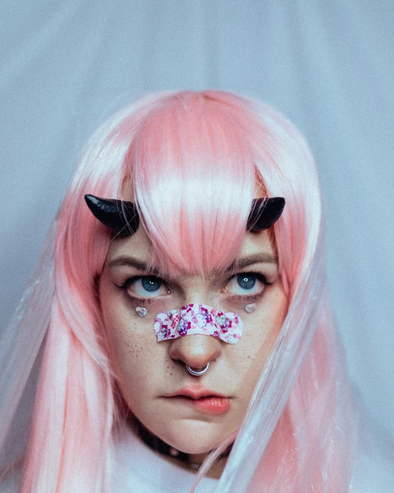 a woman with pink hair and horns wearing a blindfold