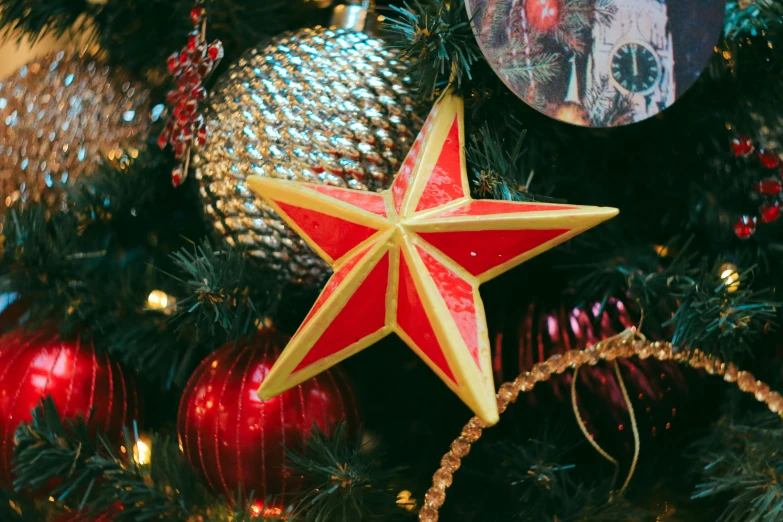 closeup s of a christmas tree with a star decoration