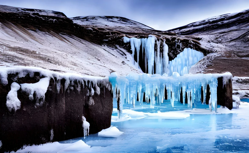 a group of ice formations growing from the ground and surrounded by water