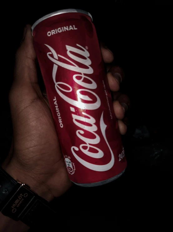 a hand holding a can of coca cola