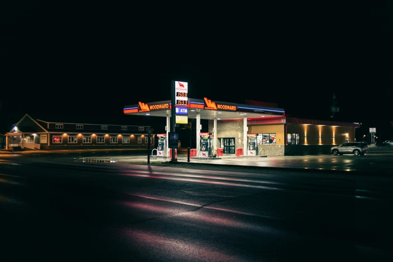 a gas station with a parked car next to it