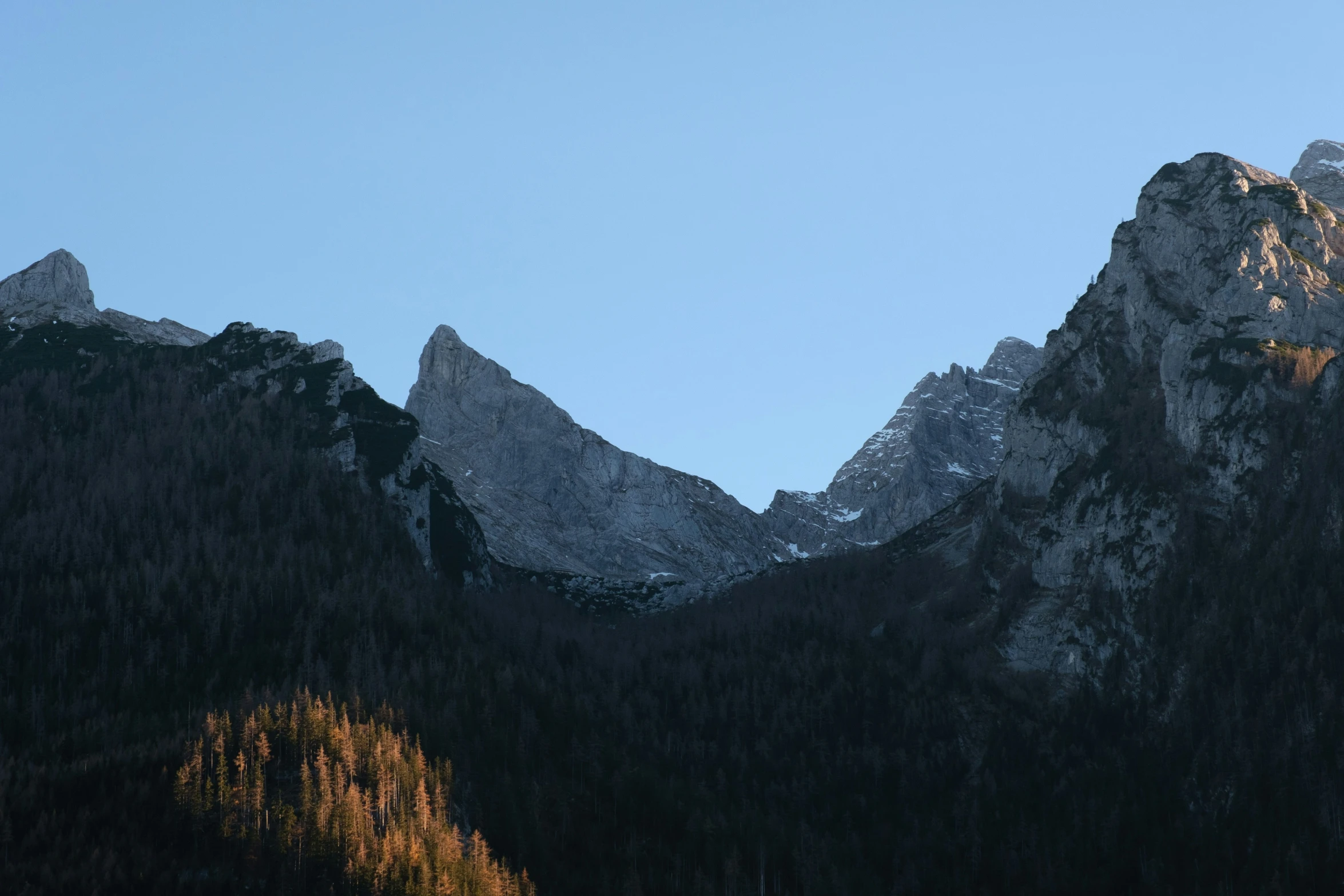 two mountain peaks rising above some trees
