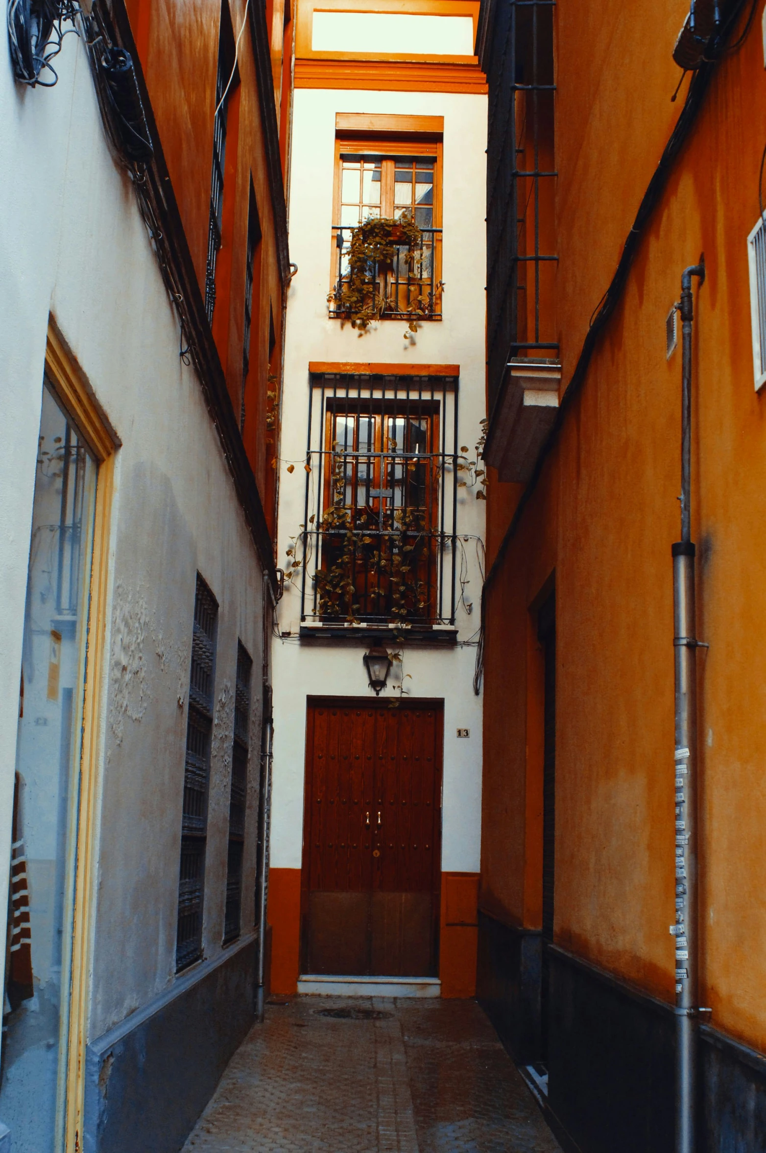 this narrow alley way has an iron door and window on either side