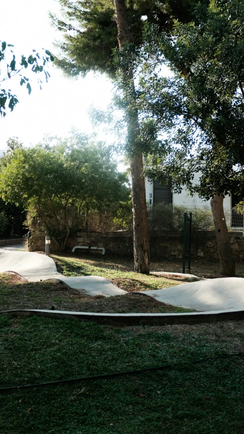 there is a skateboard park with trees in the background