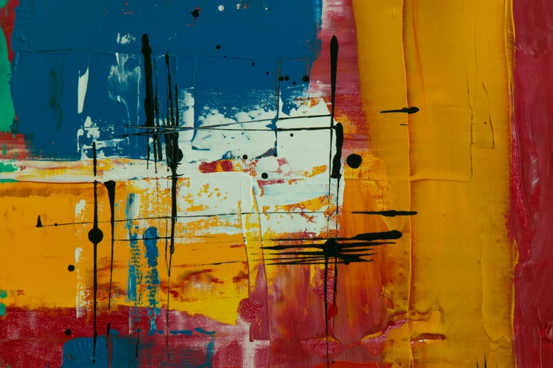 an abstract painting in blue, yellow, red, orange, black and white