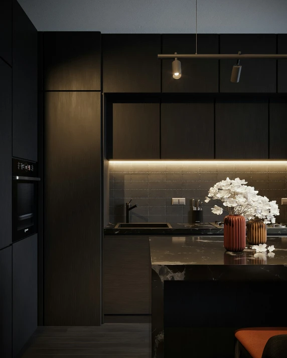 the flowers are arranged on the table in the kitchen