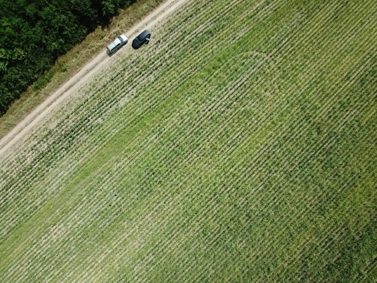 an aerial view of farm tractor, vehicle and tracks through green grass