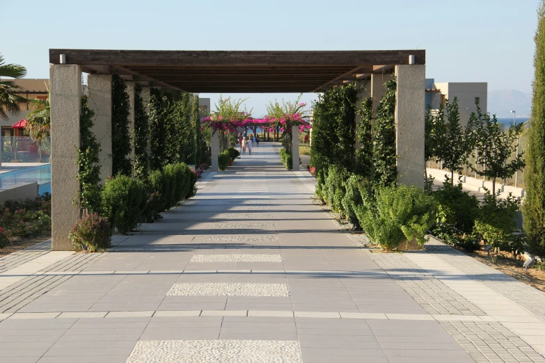 an outdoor walkway lined with plants and a tiled walkway