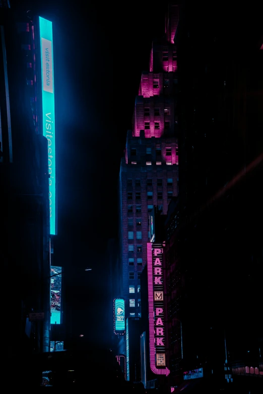 the city is dark and lit up at night