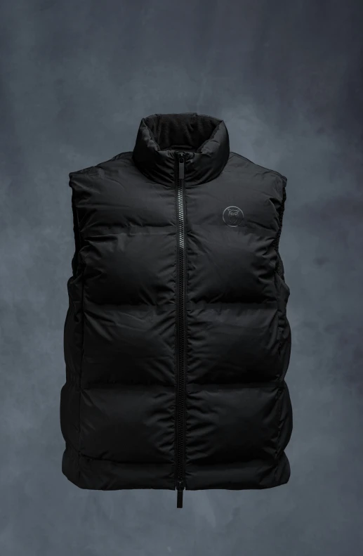 the north face down vest hanging from a gray background