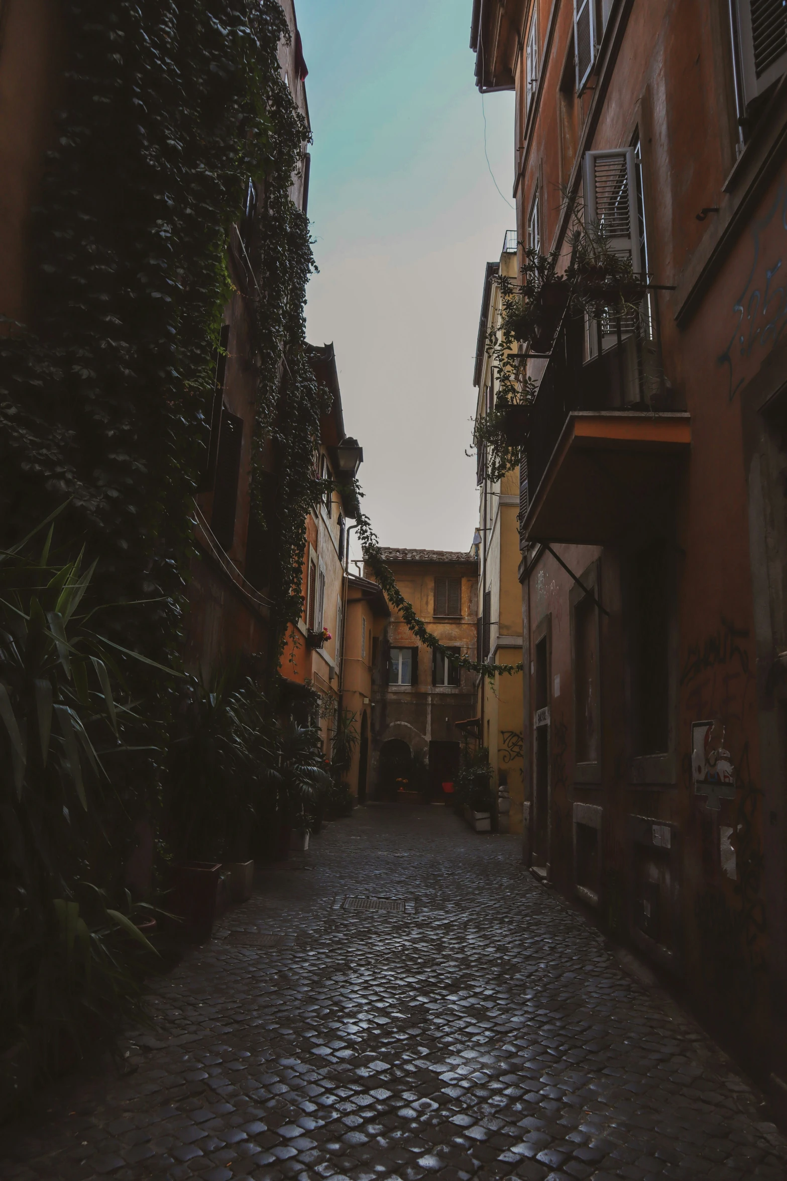 an alley between two buildings with a stone road leading to one