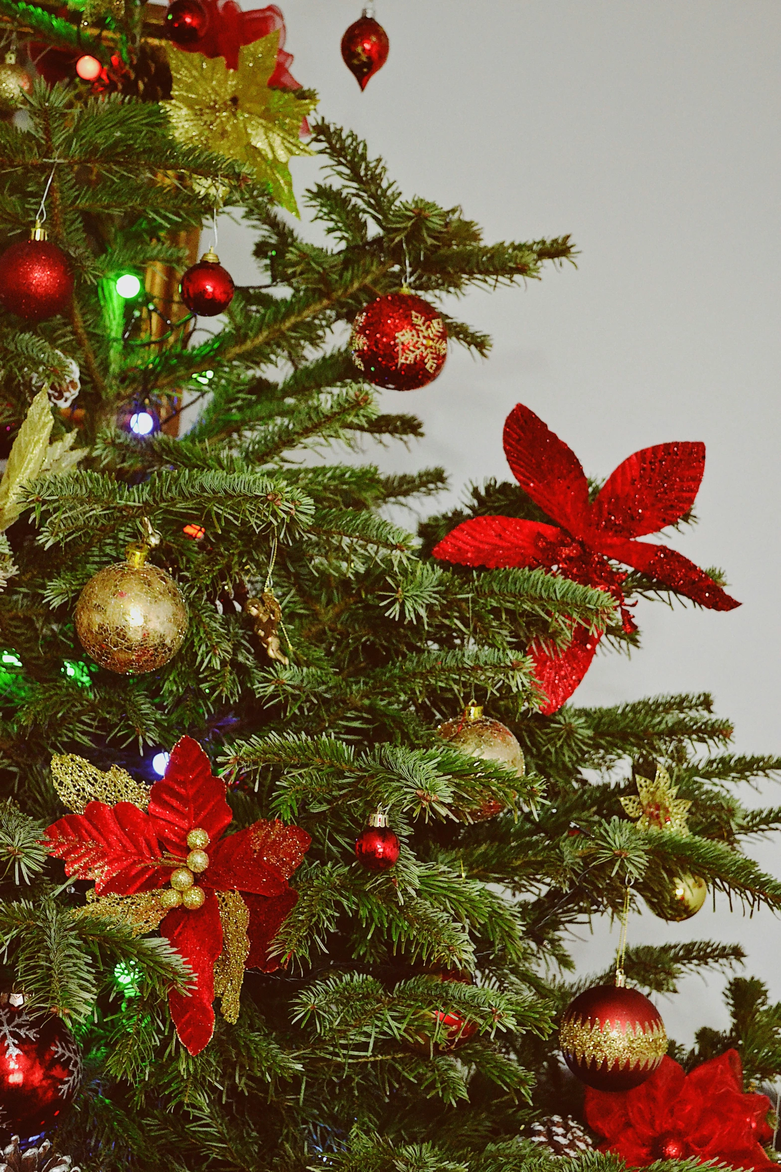 a christmas tree with red and gold ornaments