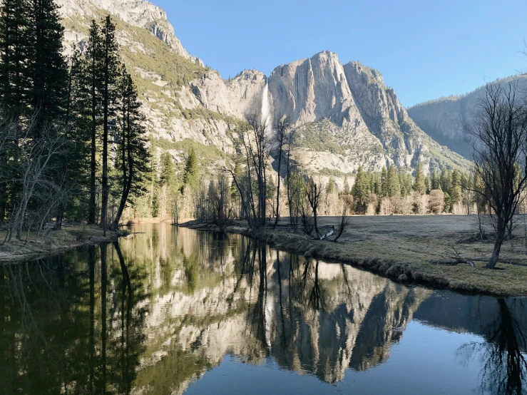 there are trees and bushes around this water