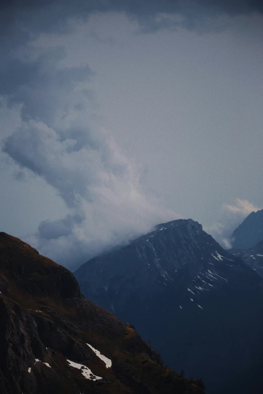 some mountains with snow on them and clouds in the sky