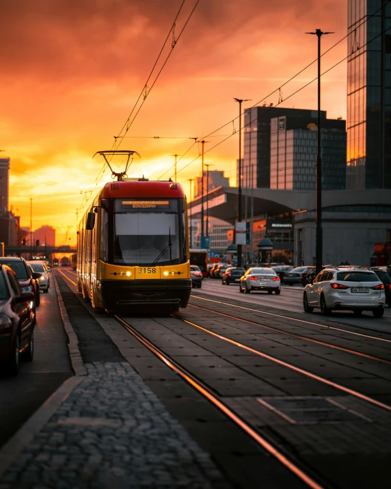 a train is driving through the middle of the city