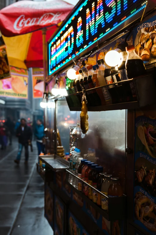 a market area with a display for street food