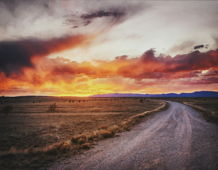 a dirt road winding through an open prairie under a stormy sky