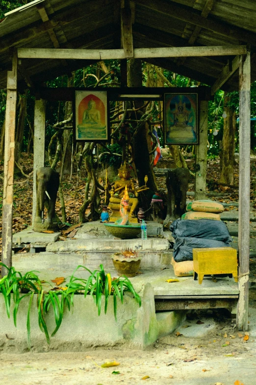 there is a small hut with plants on the sides