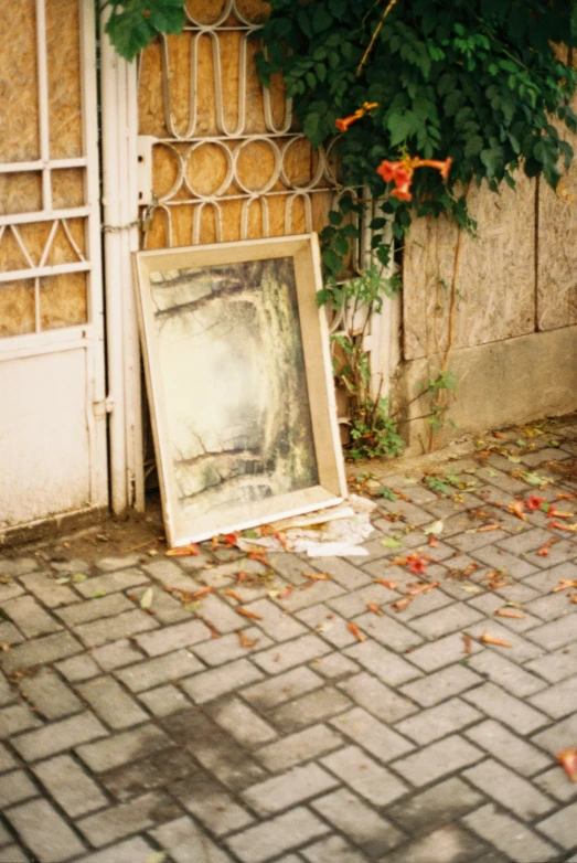 an old po near an old door on brick walkway