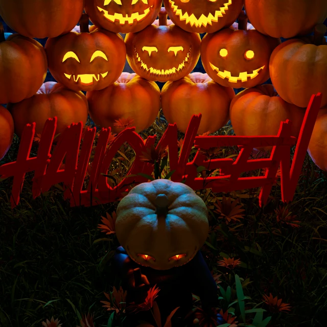 a group of pumpkins with jack o'lanterns