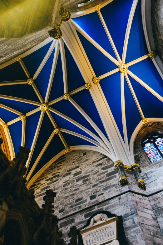 blue and white ceilings in a church, with gold detailing