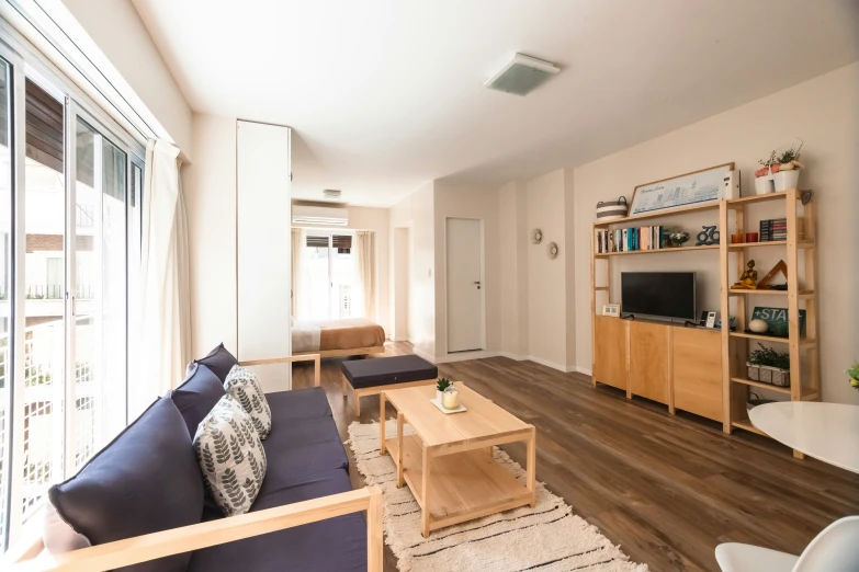 an apartment with a sofa, television and a dining room table