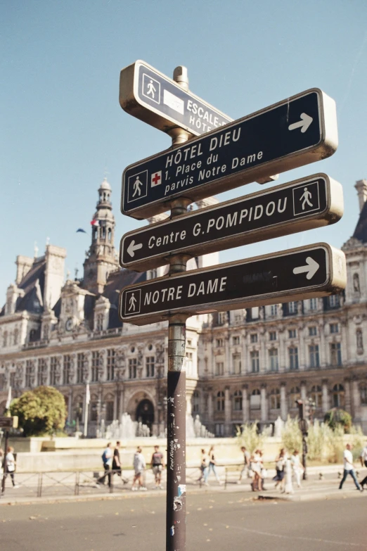 multiple street signs on a post in front of a building