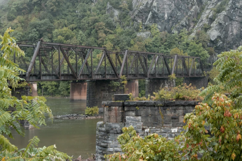 a small old bridge over a river next to a forest