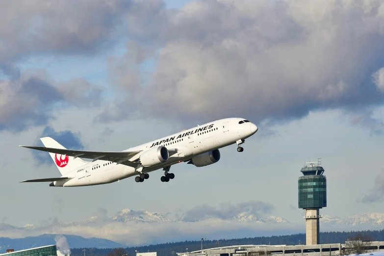 a white and red airplane that is taking off