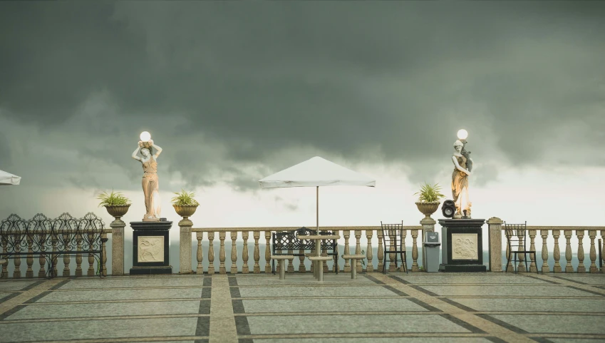 a balcony with a white umbrella and some chairs