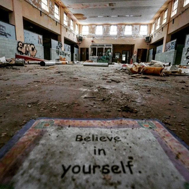 a huge room with a lot of graffiti on the walls and on the ground