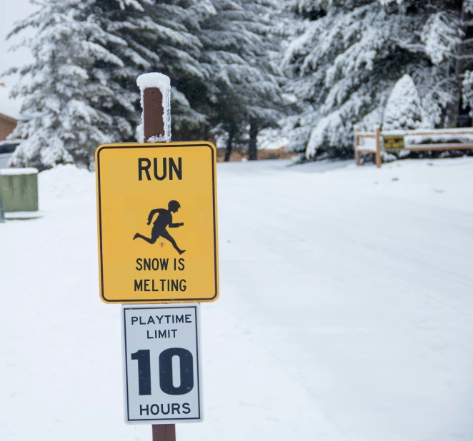 the snow is melting around some trees and signs