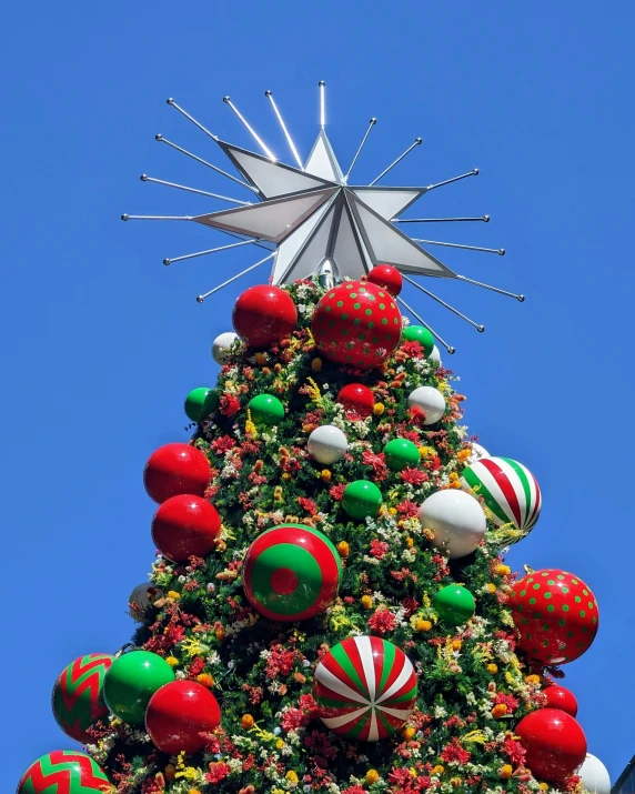 a very tall and brightly decorated christmas tree