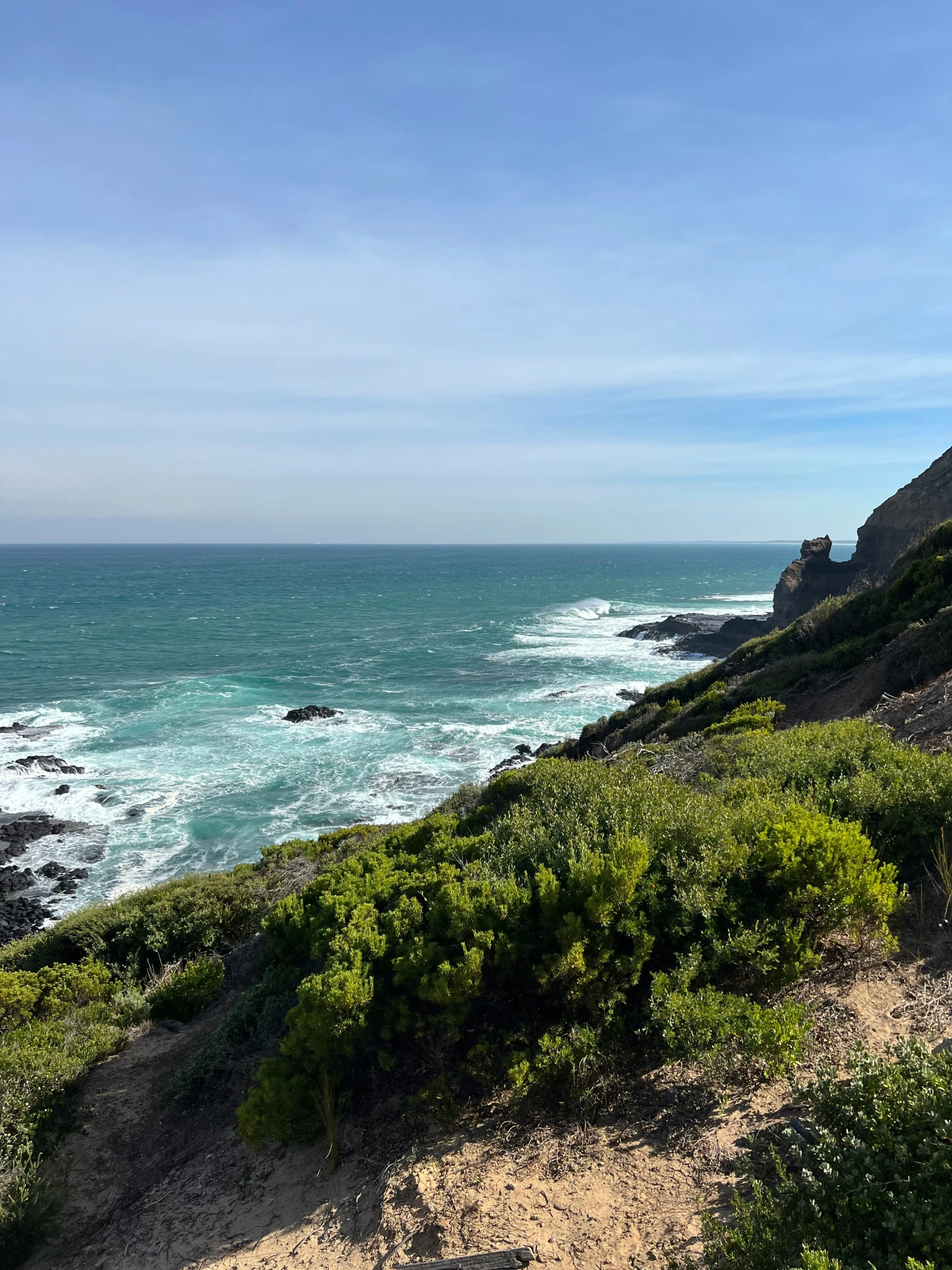 a rocky trail leads to the ocean and overlooks a beach