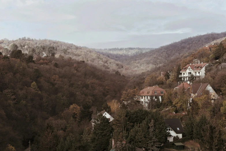 a mountainous valley with homes on it in the fall