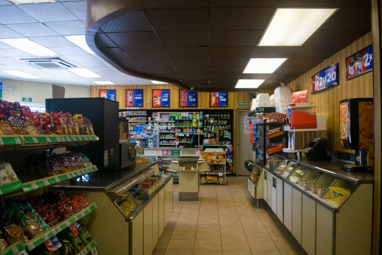 a long view of a grocery store with many foods
