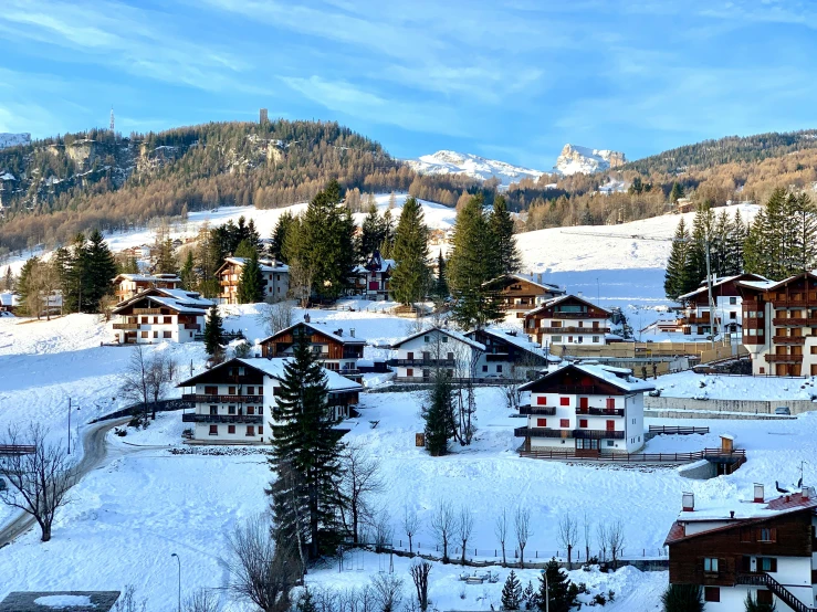 several houses in the snow in front of mountains